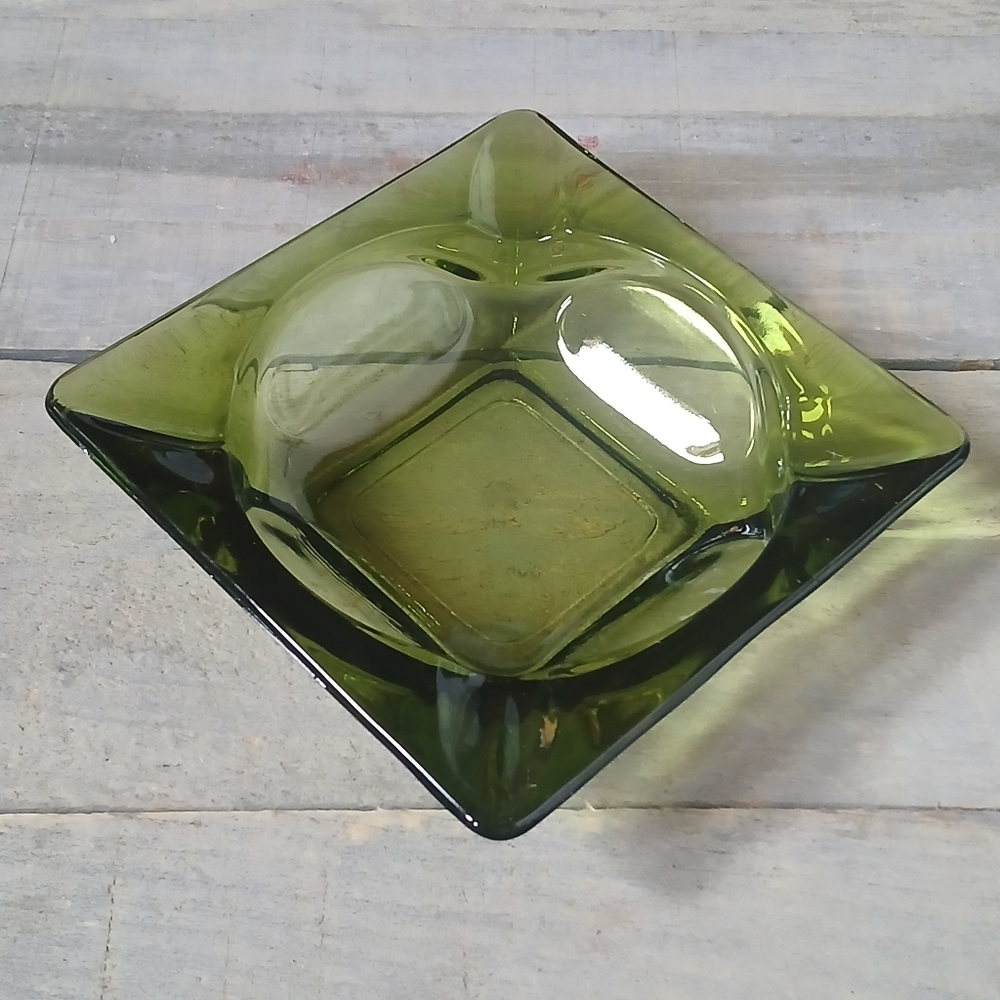 Vintage Green Glass Ashtray Square Mid-Century Modern